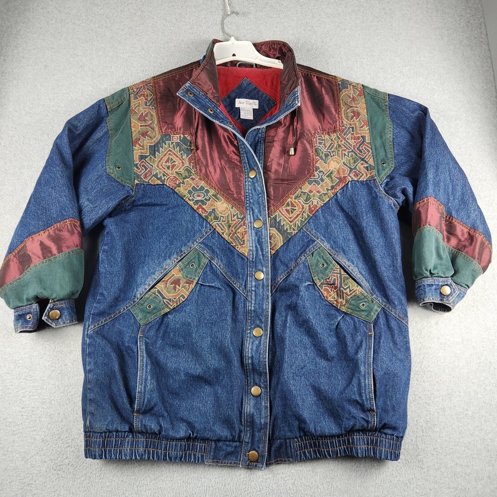 Two Twenty Denim Jacket Women 2X Blue Vintage 90s Tapestry Colorblock Snap Front